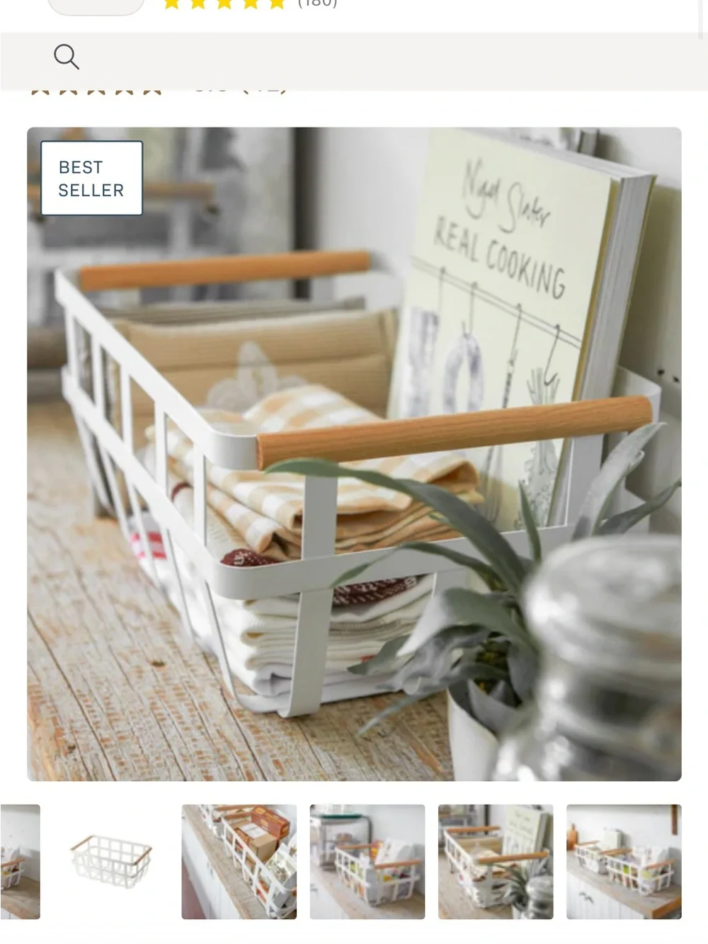 Yamazaki White Metal Basket with Wooden Handles